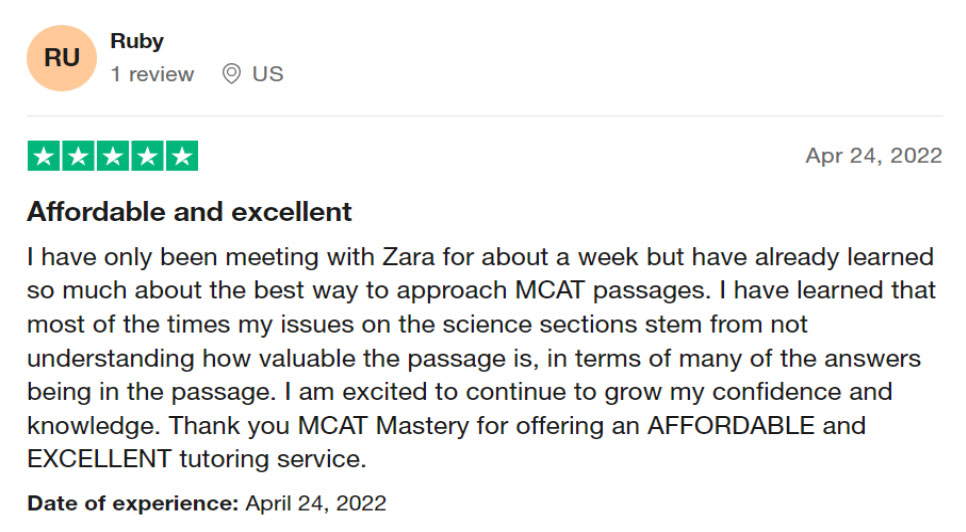 Customer Review of MCAT Mastery Tutoring Service