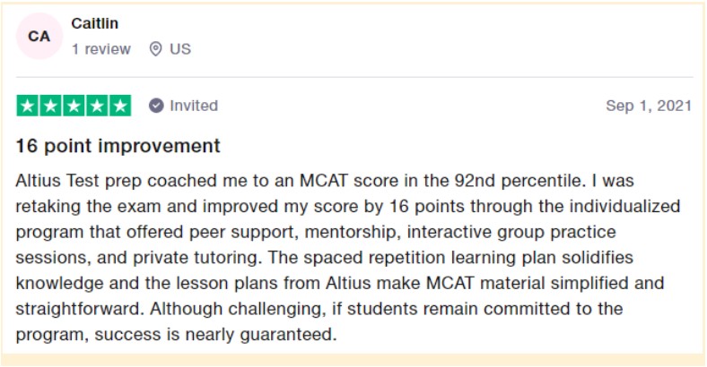 Altius MCAT Tutoring Trustpilot Review