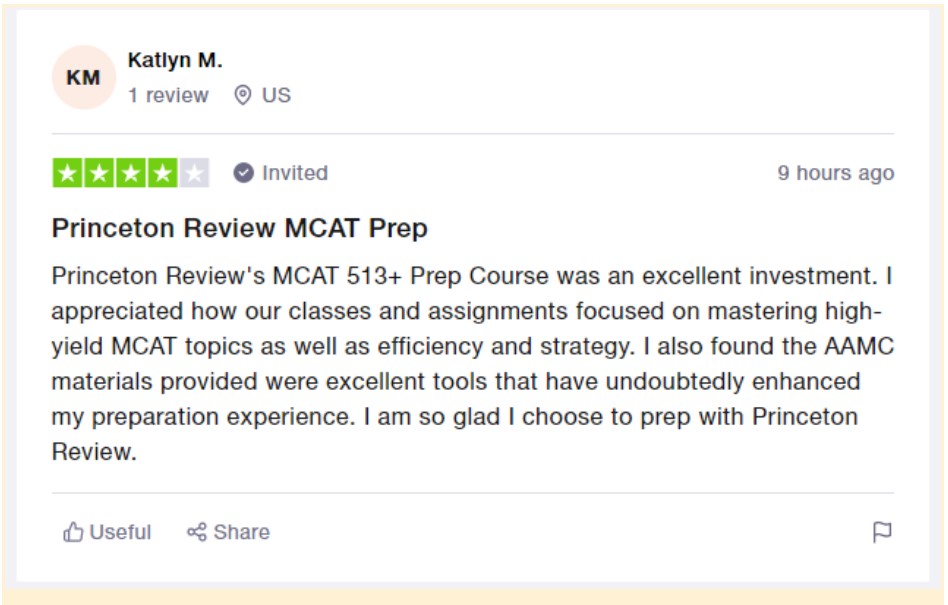 The Princeton Review MCAT Tutoring Trustpilot Review 1