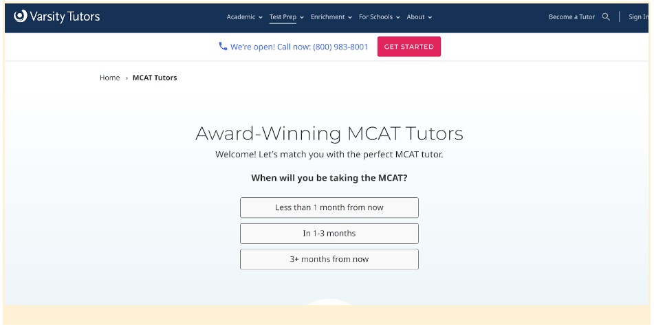 Varsity Tutors MCAT Home Page