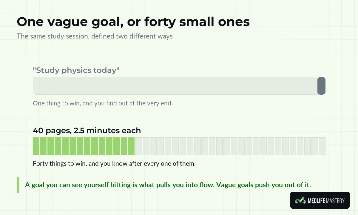 Comparison of a vague MCAT study goal against forty small goals of 2.5 minutes per page