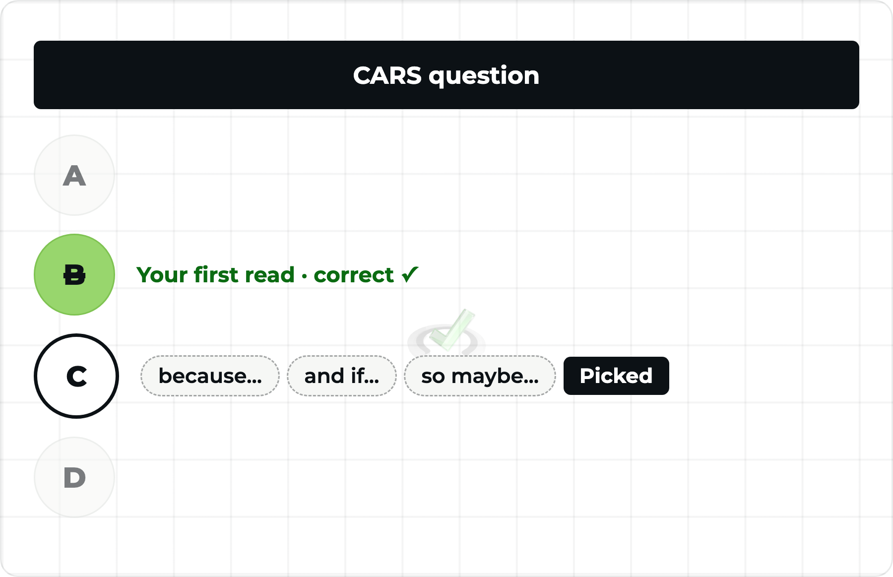 Overthinking CARS? 2 Bad Habits Keeping Your MCAT CARS Score Low 2 Overthinking CARS: the first read is crossed out and a long case gets built for a weaker answer